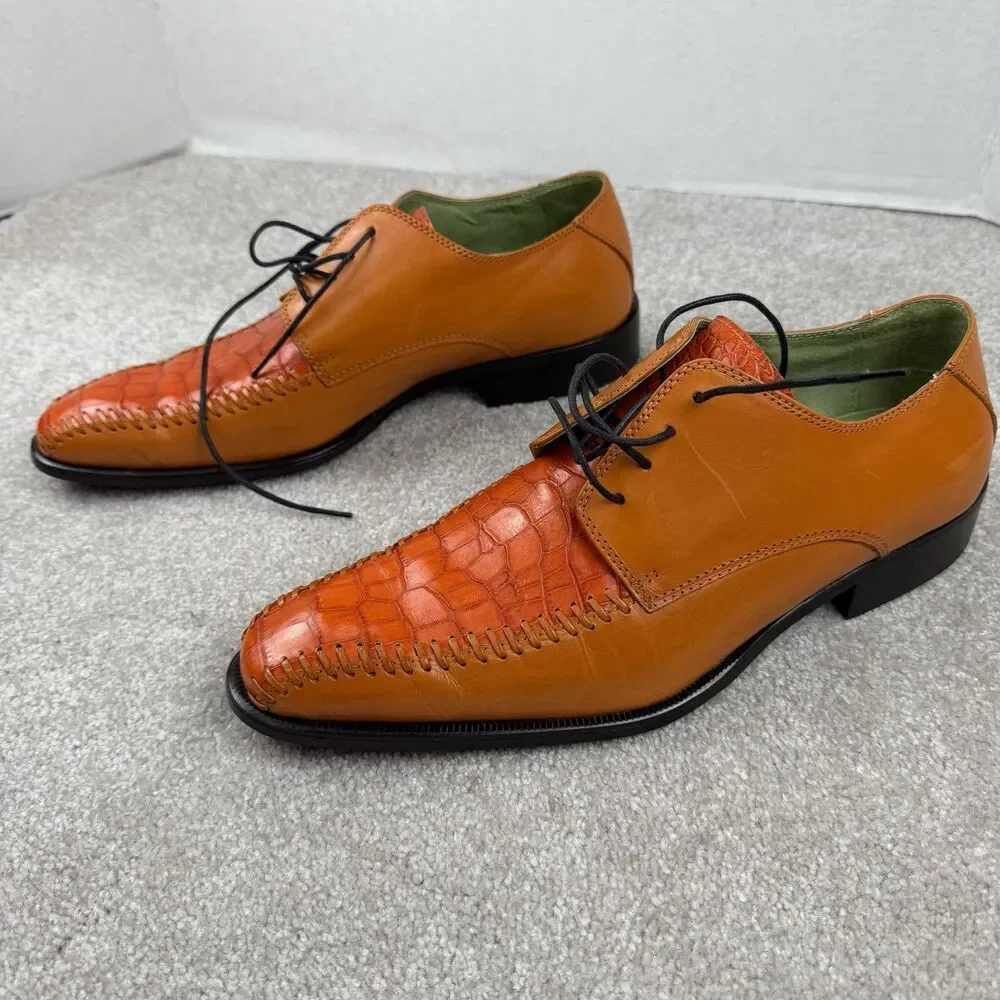 Marco Vicci Mens Derby Dress‎ Shoes Orange Crocodile Print Leather Lace Up 9.5